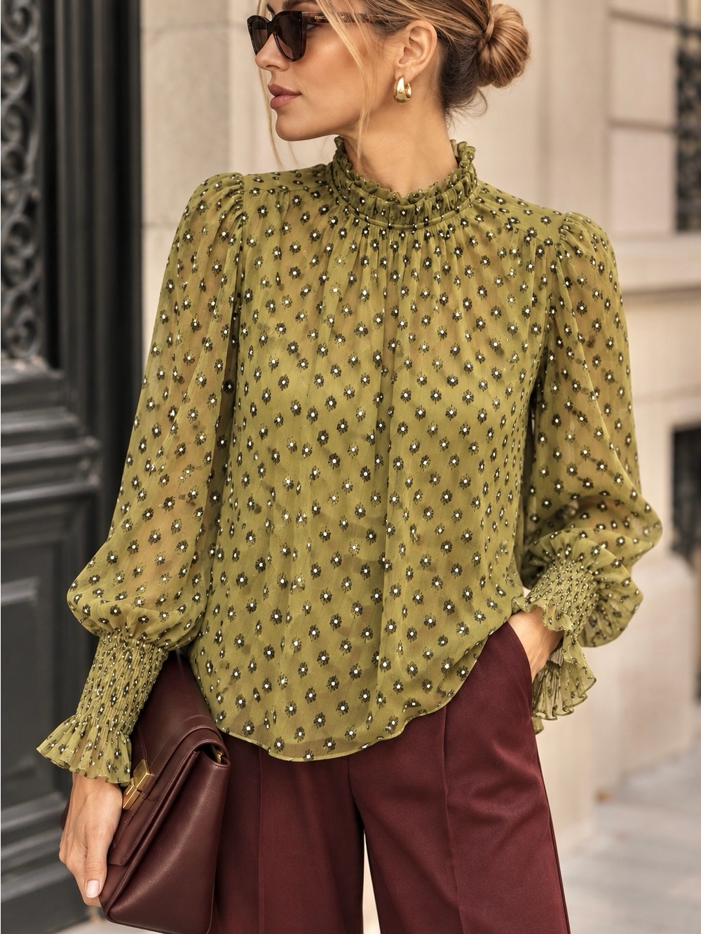 Olive Green Smocked-Neck Long-Sleeve Blouse